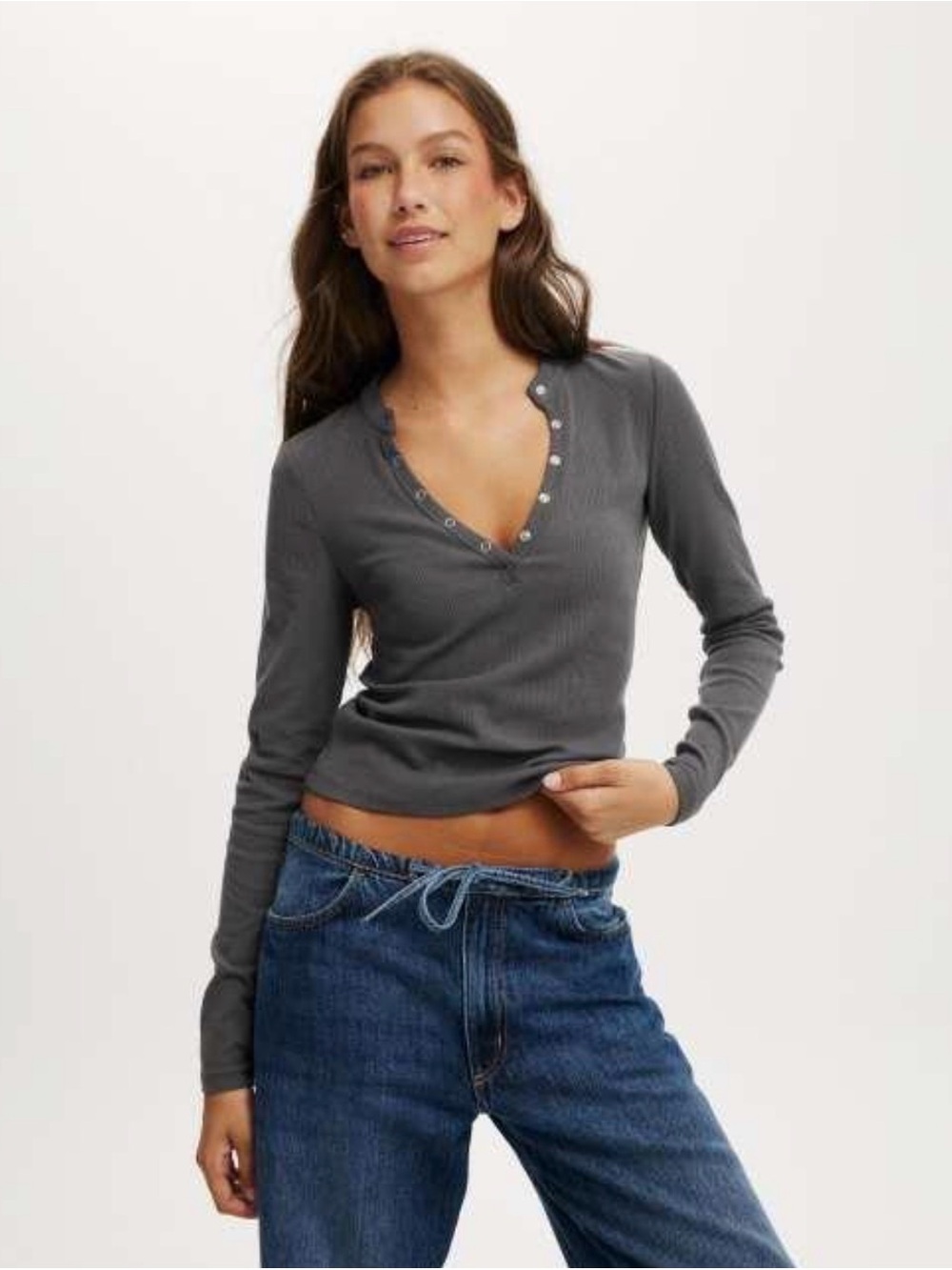 Garage Charcoal Gray Ribbed Henley Long Sleeve Top